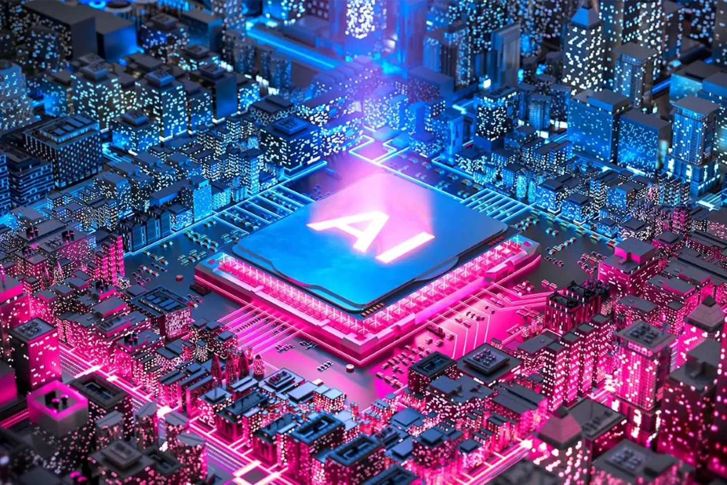 Un chip informático de color azul magenta que parece una ciudad en miniatura, con la inscripción «AI».