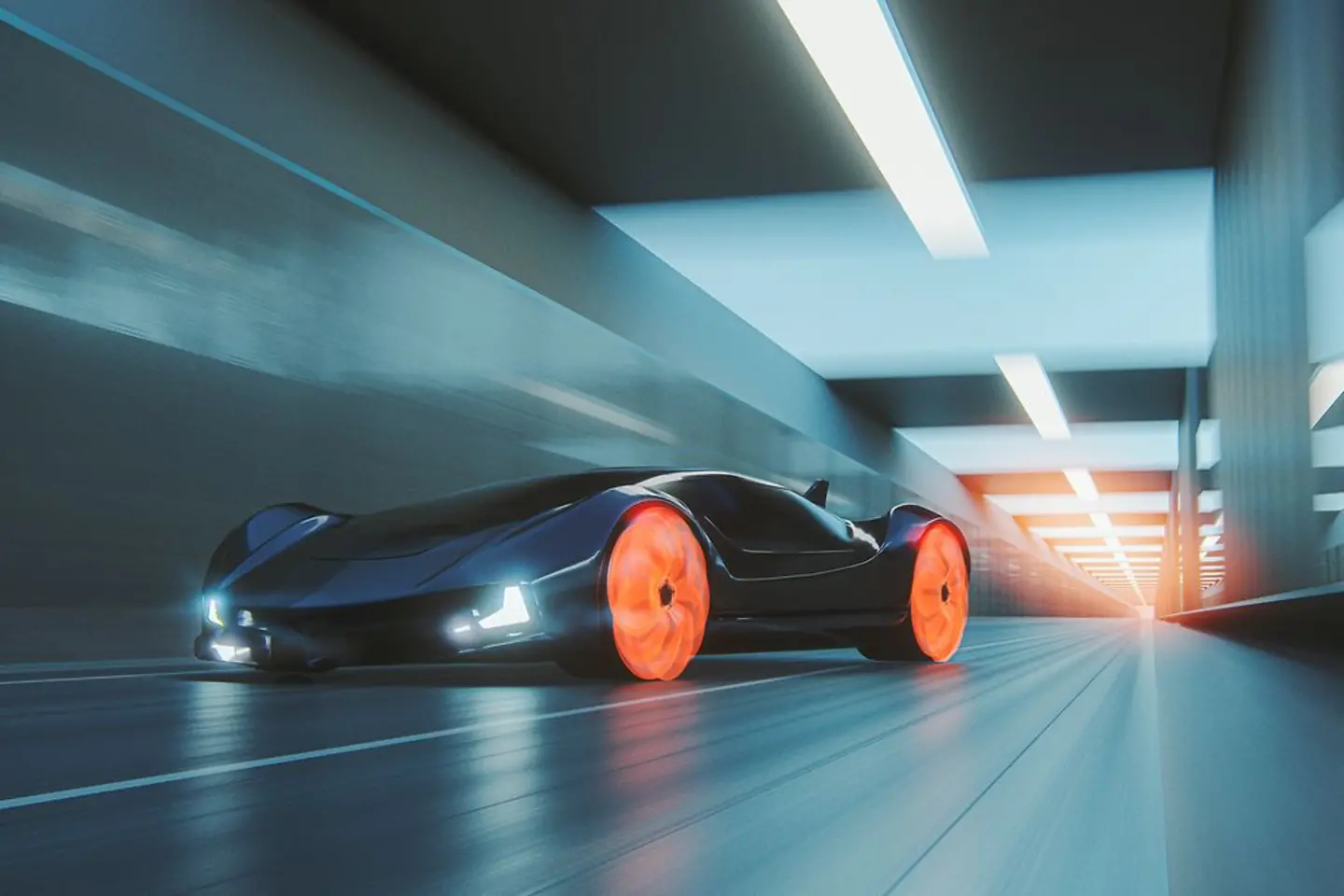 Un coche futurista con ruedas naranjas brillantes atraviesa un túnel