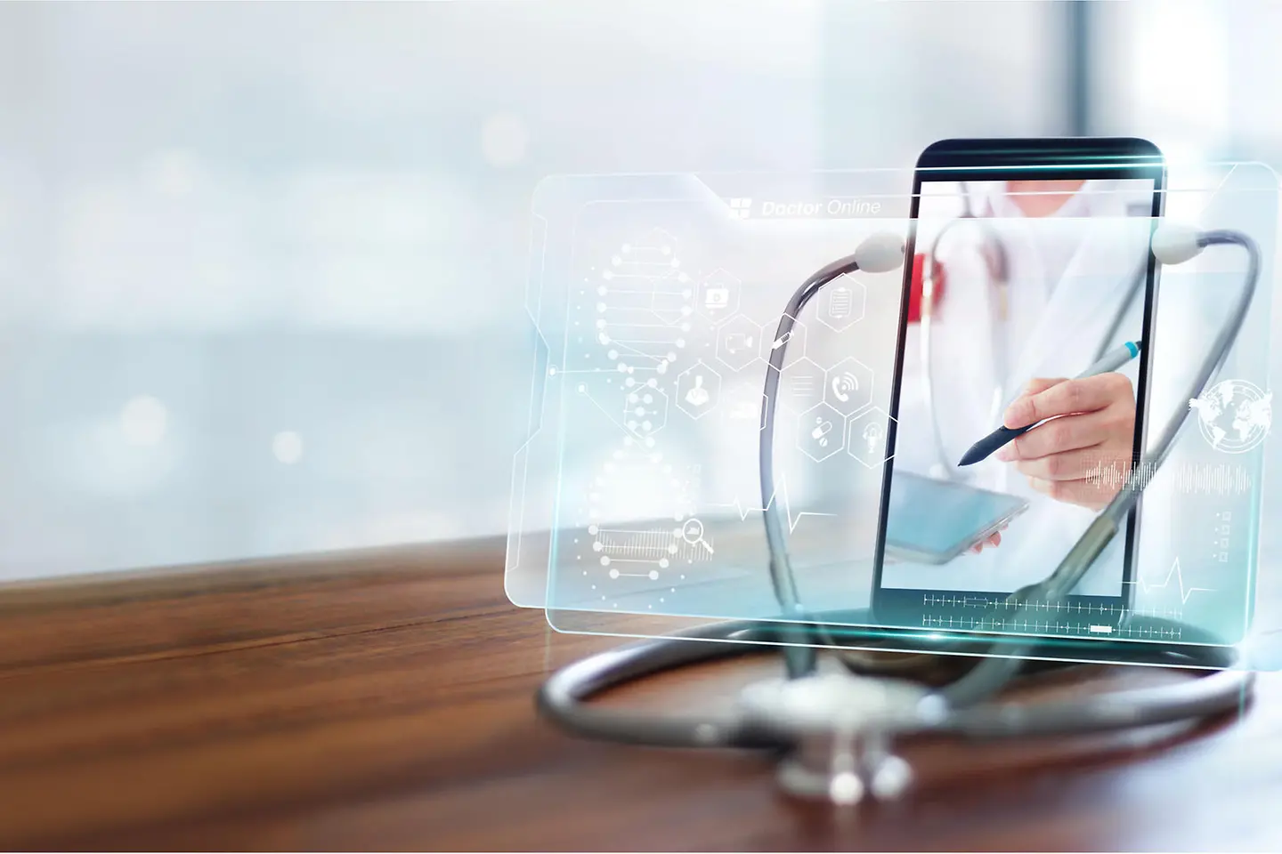 Tablet con estetoscopio y holograma flotante