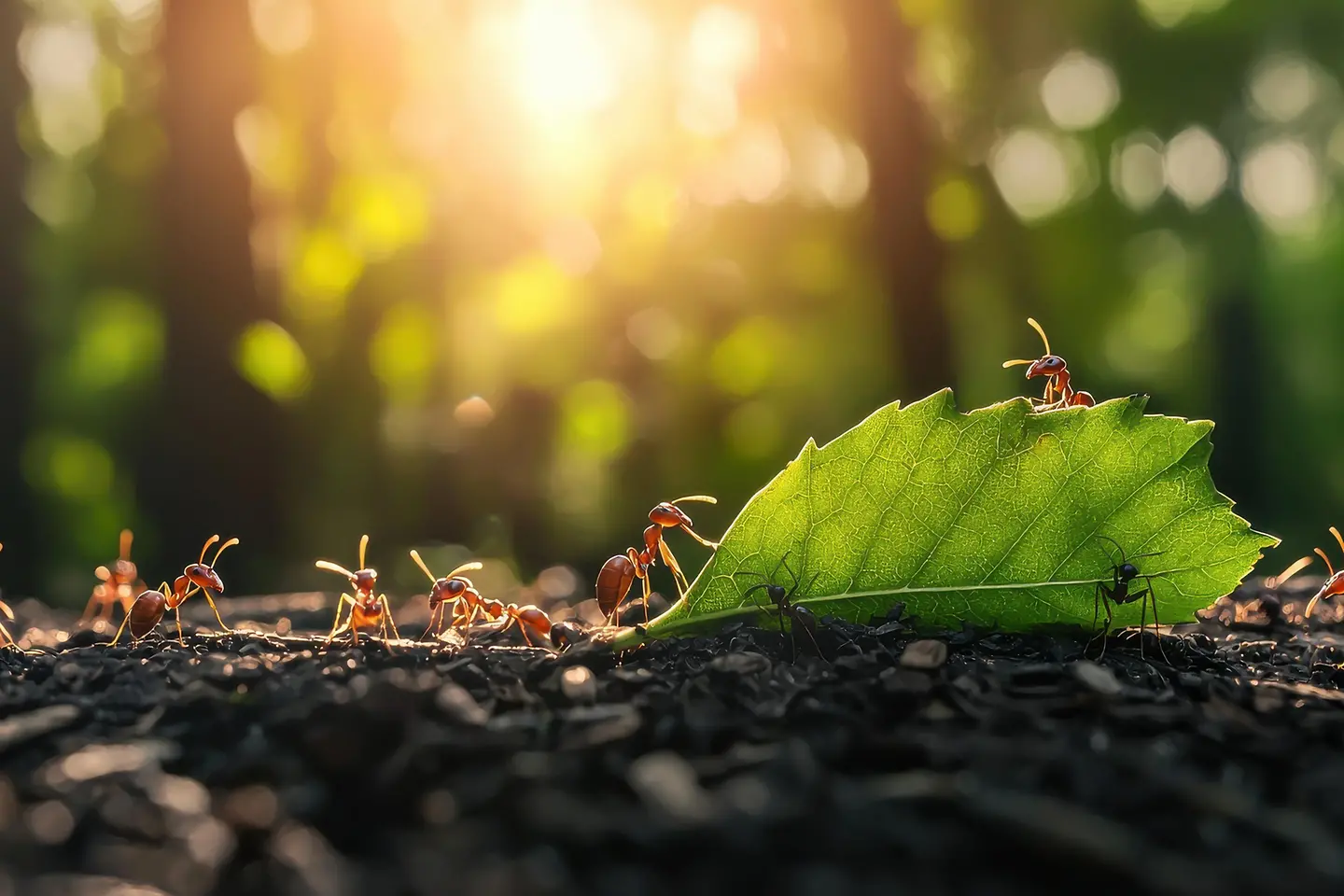 Trabajo en equipo de hormigas que transportan juntas una gran hoja en un exuberante entorno natural al atardecer