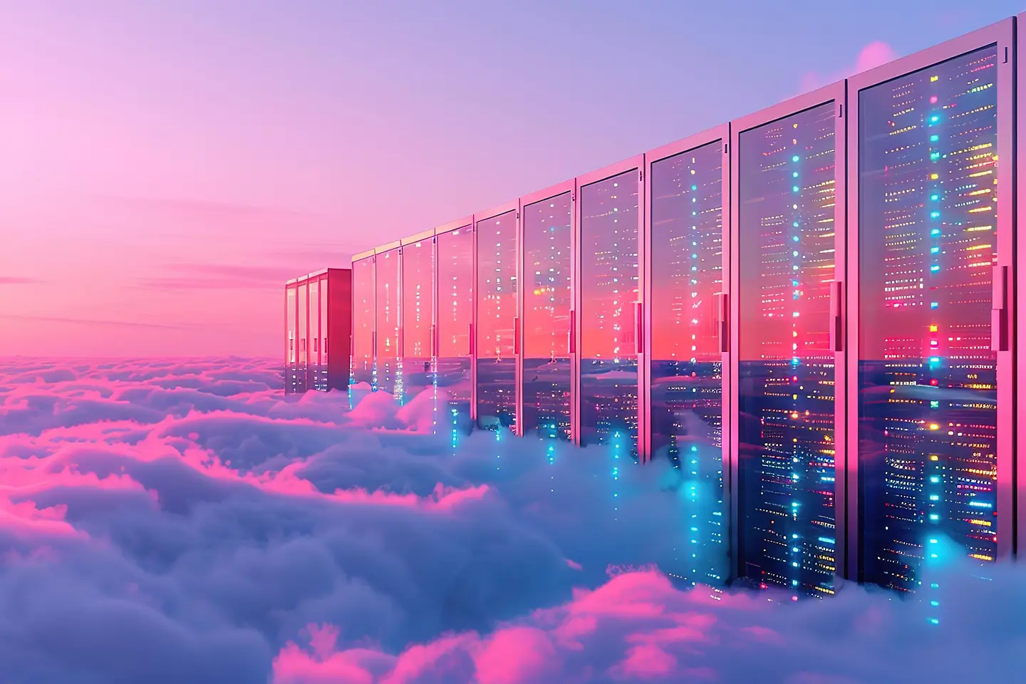 Ilustración de una sala de servidores de datos sobre un mar de nubes con el cielo del atardecer al fondo