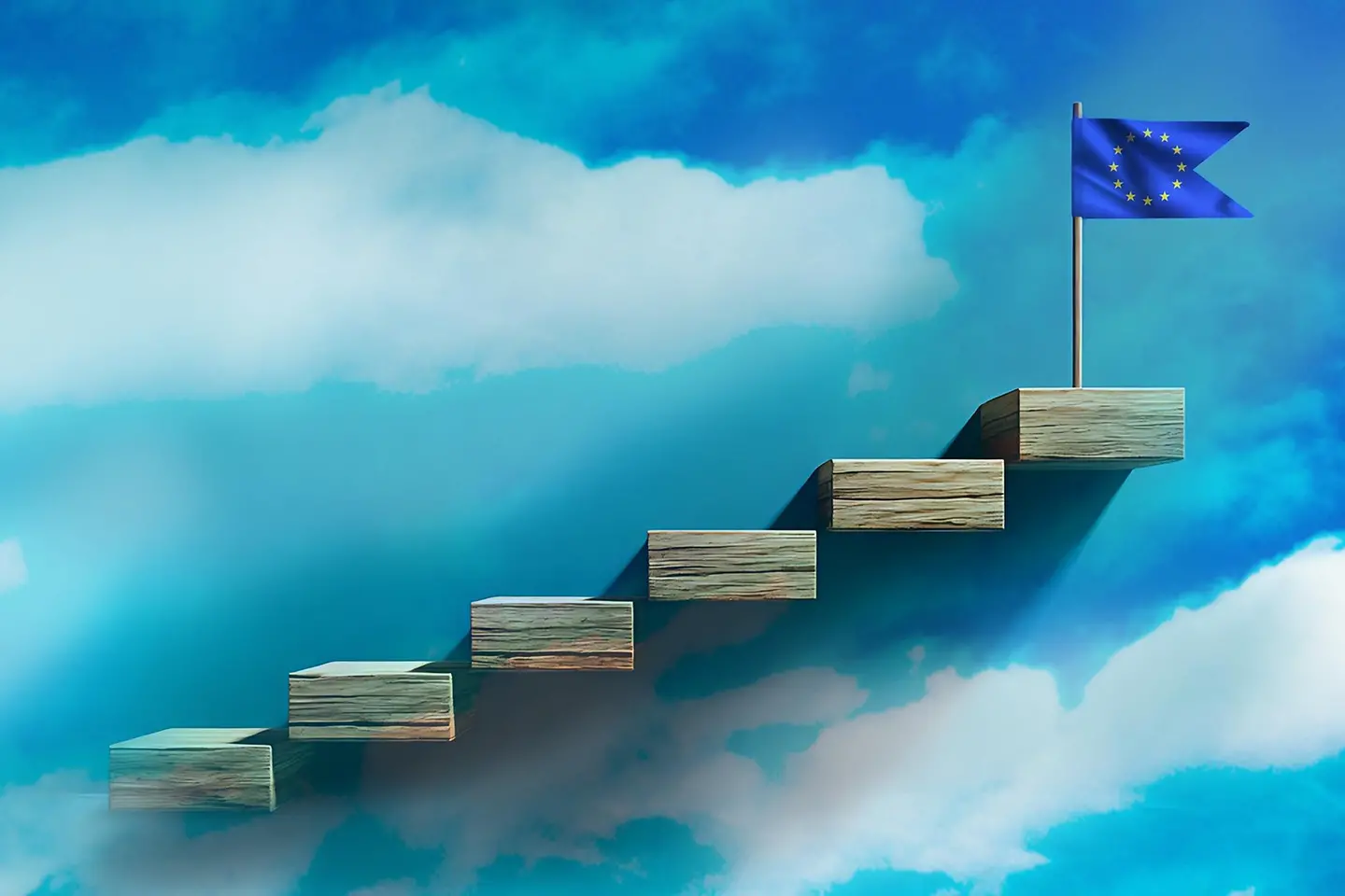 Houten traptreden die leiden tot succes, doel, Europese vlag, prestatie, vooruitgangsconcept