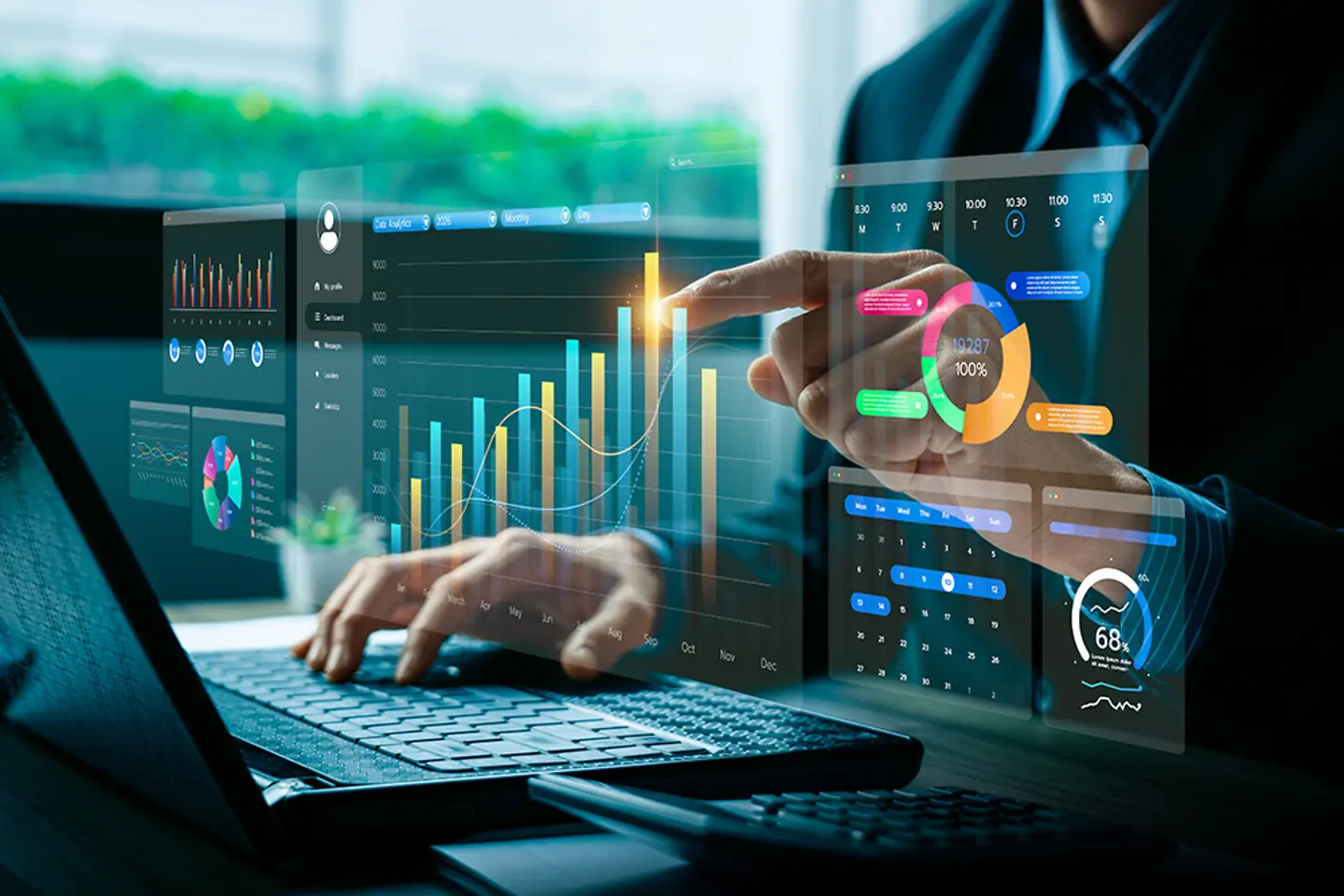 Data analyst working on virtual data display