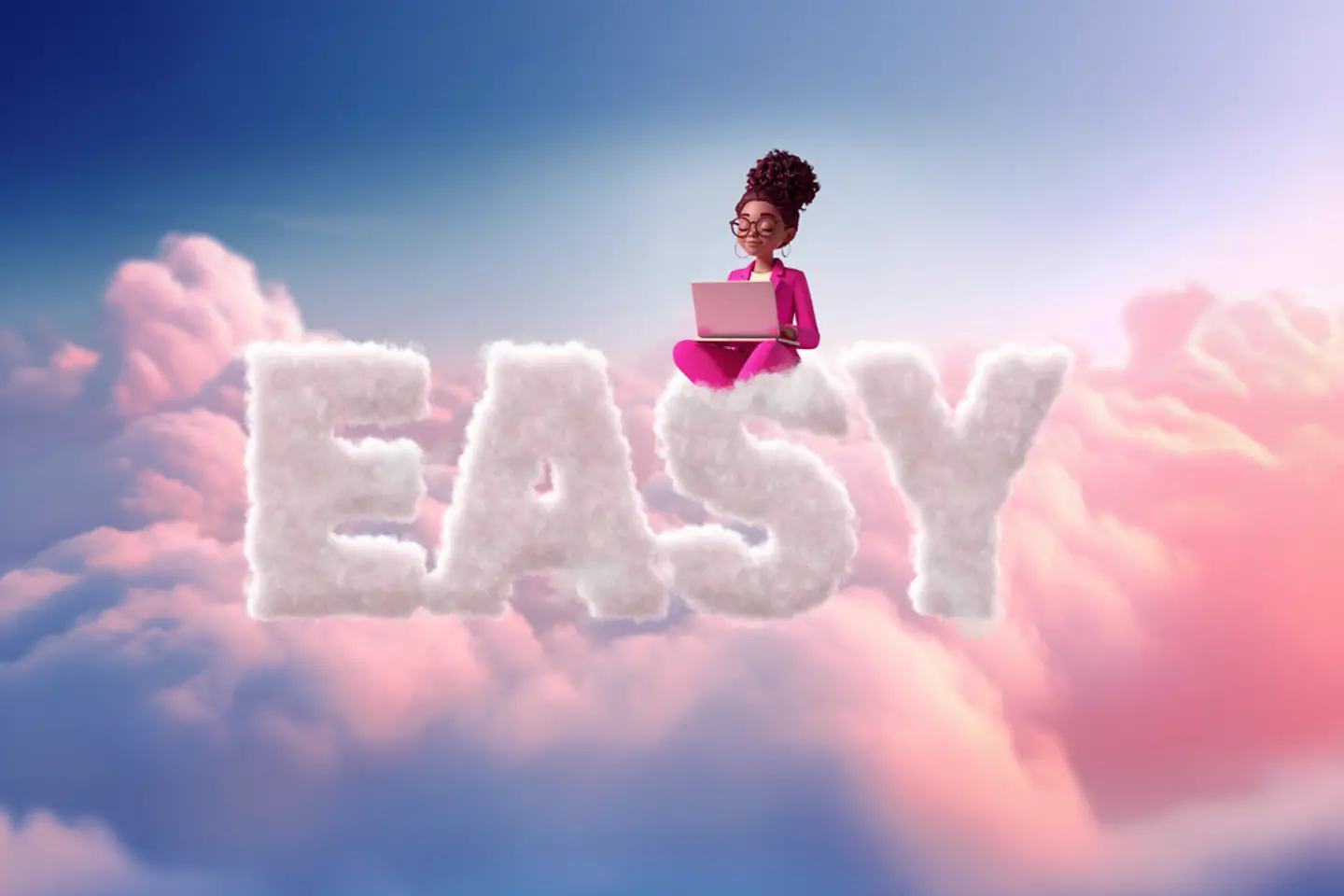 KI-generiertes Bild - Frau in magenta Anzug mit Laptop sitzt auf Wolken, Schriftzug "Easy", KI-generiertes Bild