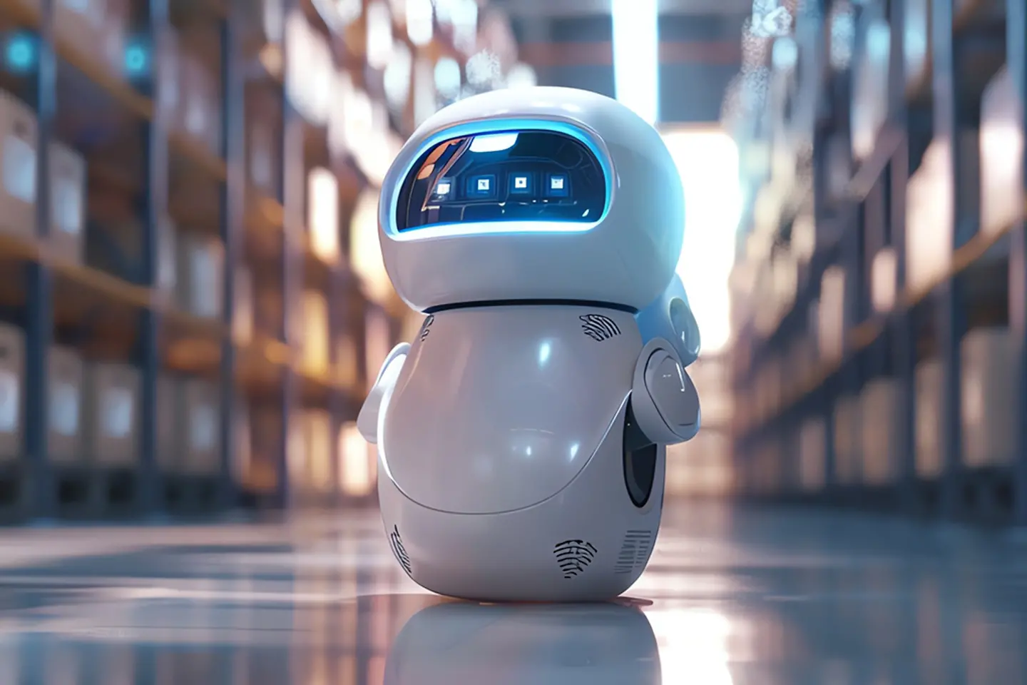 Un robot autónomo blanco en un pasillo de almacén, rodeado de estanterías llenas de cajas