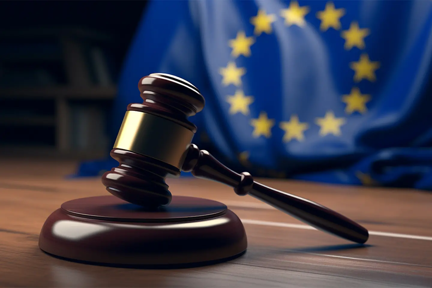 Un martillo de juez sobre una mesa de madera y la bandera de la Unión Europea