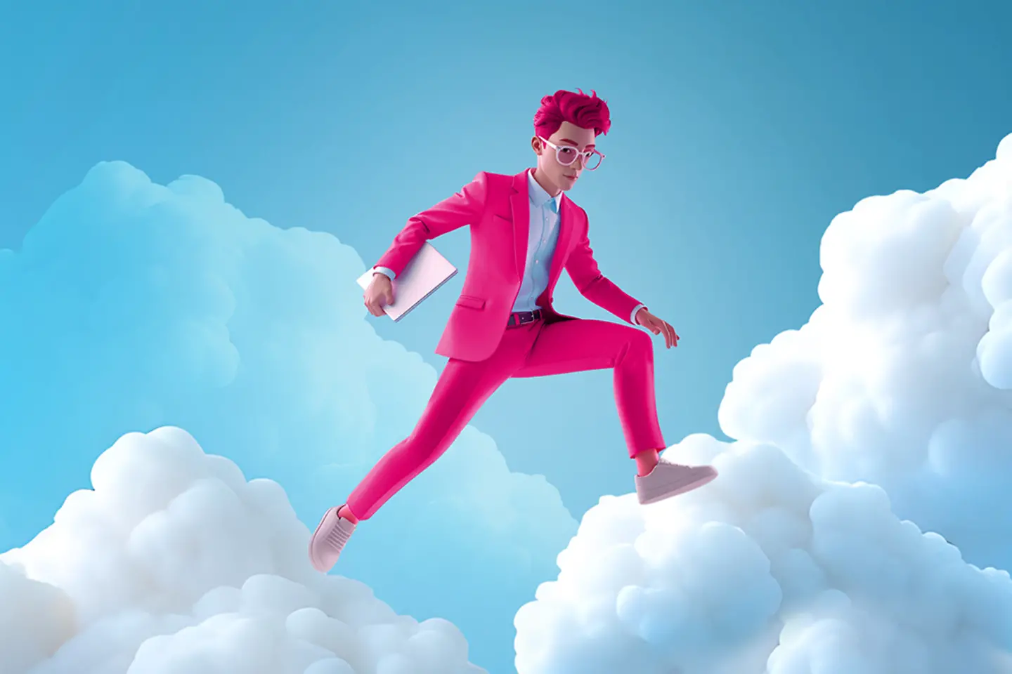 Imagen generada por IA - Hombre en color magenta saltando de nube en nube, imagen generada por IA