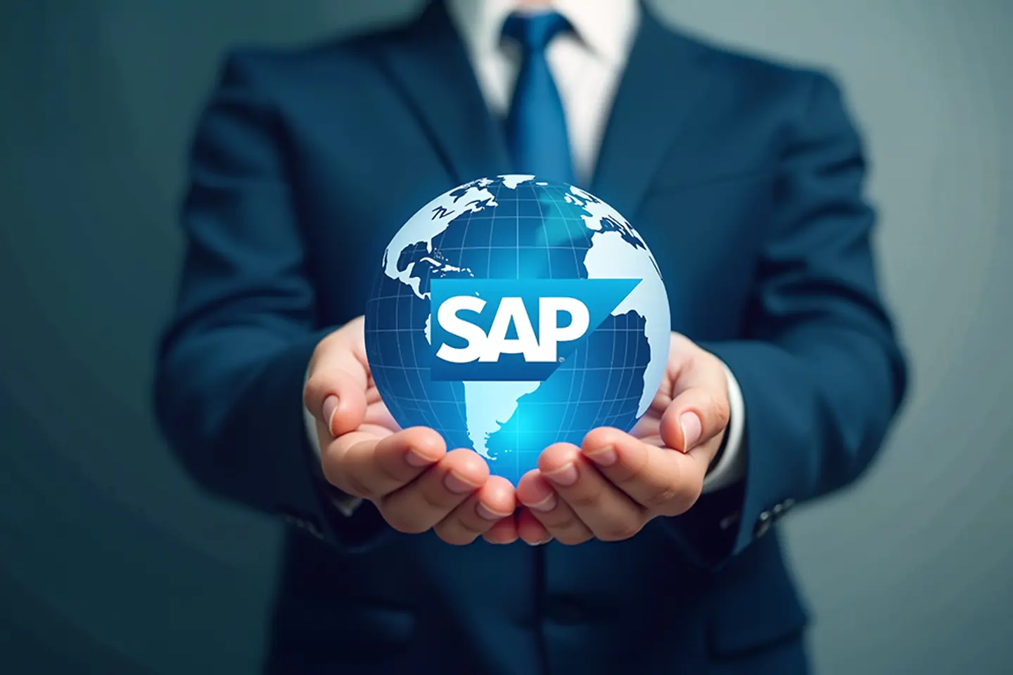 Imagen generada por IA - Empresario sosteniendo un globo terráqueo con el logotipo de SAP