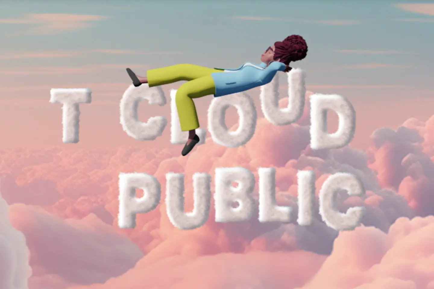 Image générée par lIA - Cartoon-Frau liegt auf Wolken-Schriftzug "T Cloud Public"