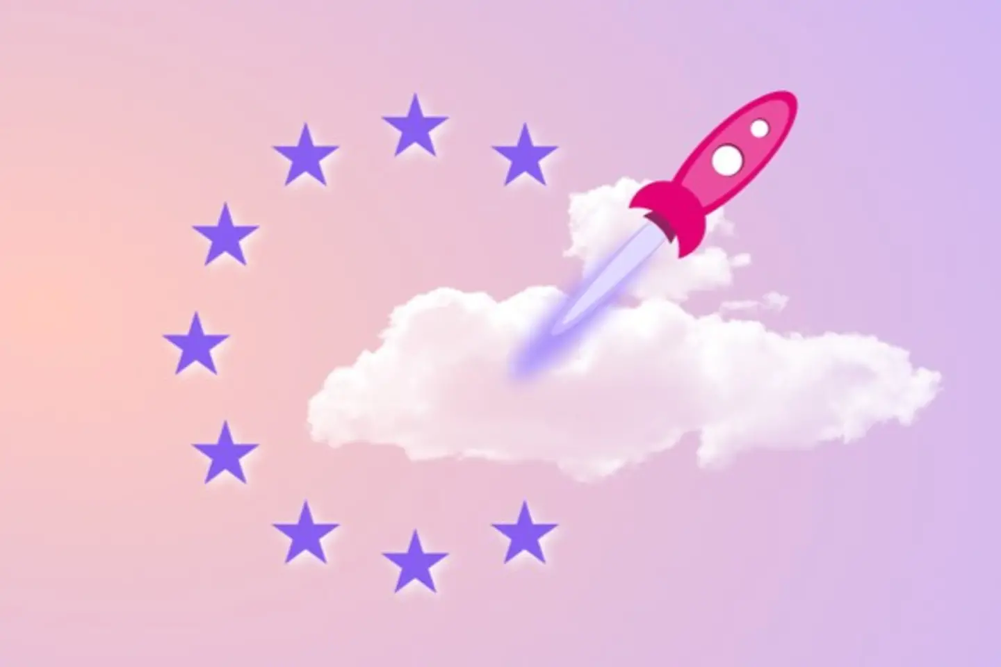 Ilustración con estrellas europeas, una nube y un cohete de color magenta