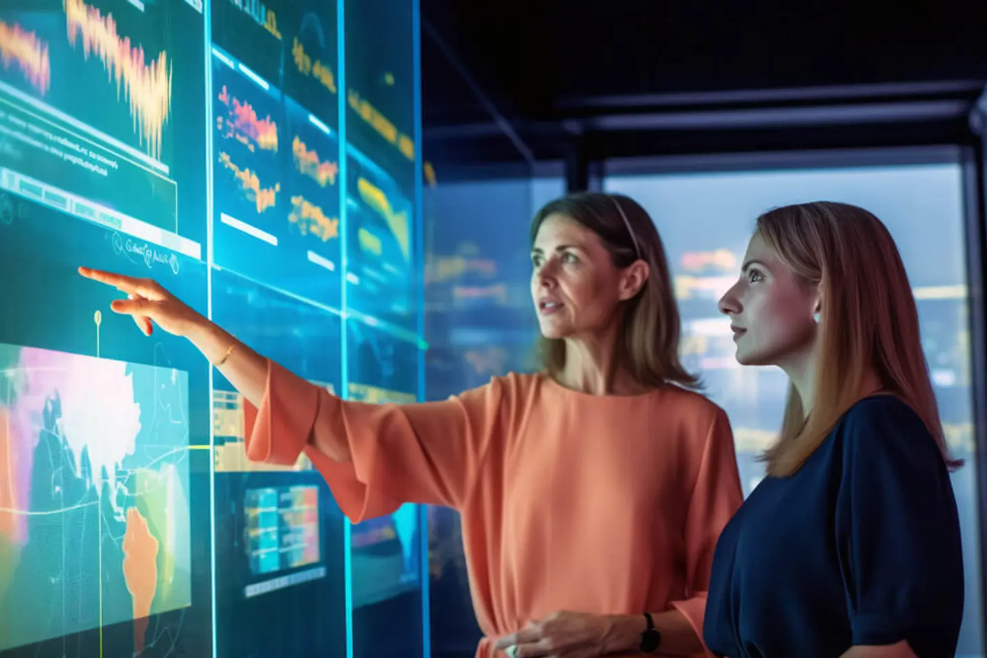 两位女士正看着显示可视化数据的数字界面