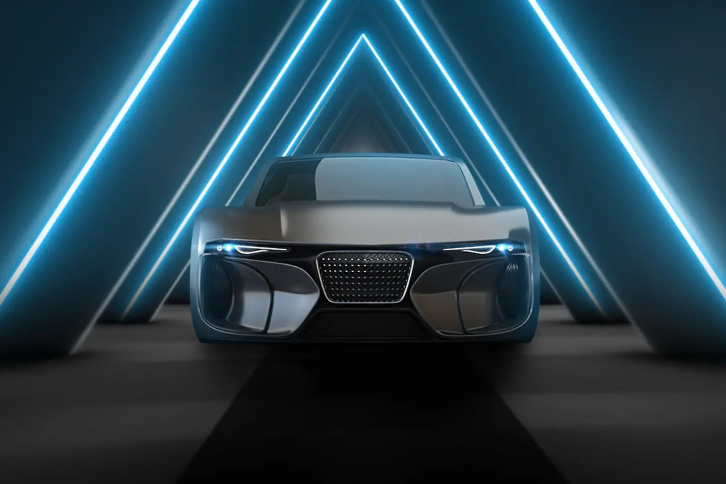 Aufnahme eines futuristischen selbstfahrenden Autos, das auf einer Autobahn mit einem 3D-animierten Tunnel im Hintergrund fährt